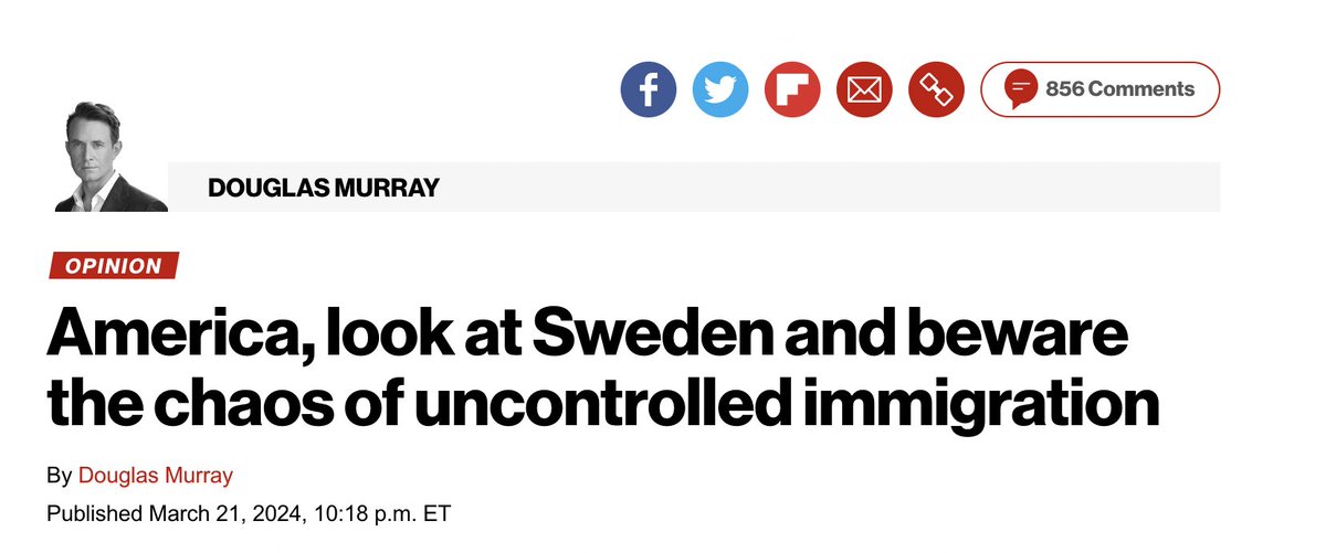 1) Elon Musk amplified a New York Post piece by Douglas Murray about Sweden using a well-worn genre I call 'Sweden is a Collapsing Marxist Hellhole.' Formula is standard: some decontextualized truths mixed with myths, bullshit and outright misinformation. So, let's have a look.