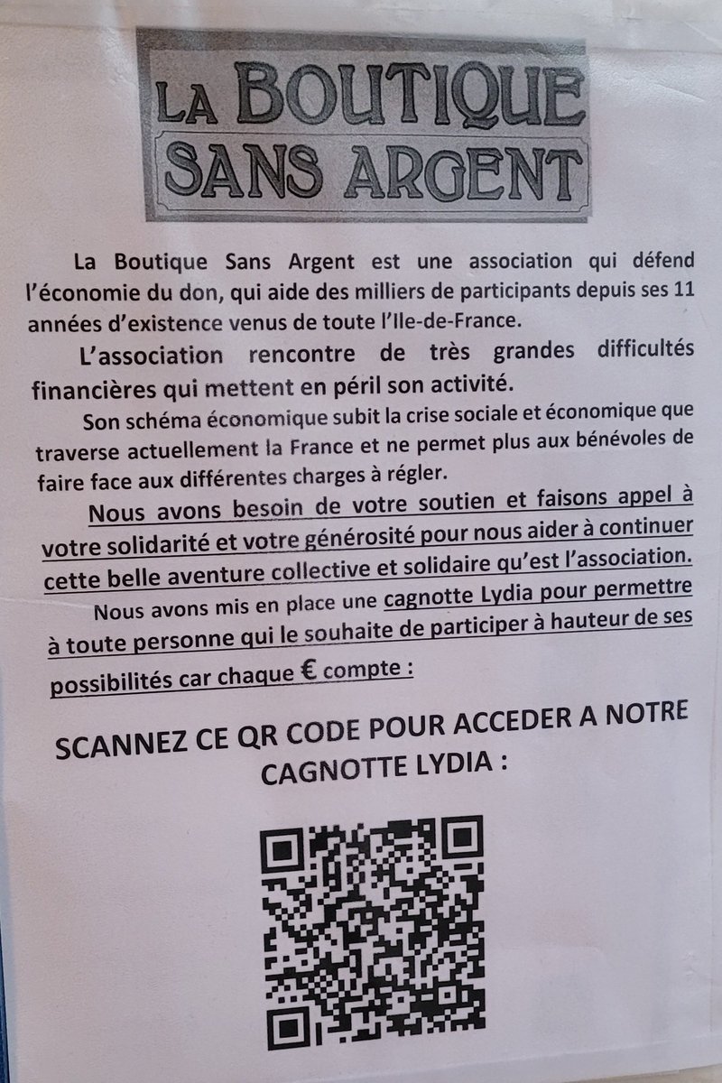 Les bénévoles remercient chaleureusement toutes les personnes qui soutiennent La BoutiqueSansArgent. 
Votre soutien est précieux et aide les bénévoles à maintenir l'activité de l'association, un énorme merci à toutes et à tous