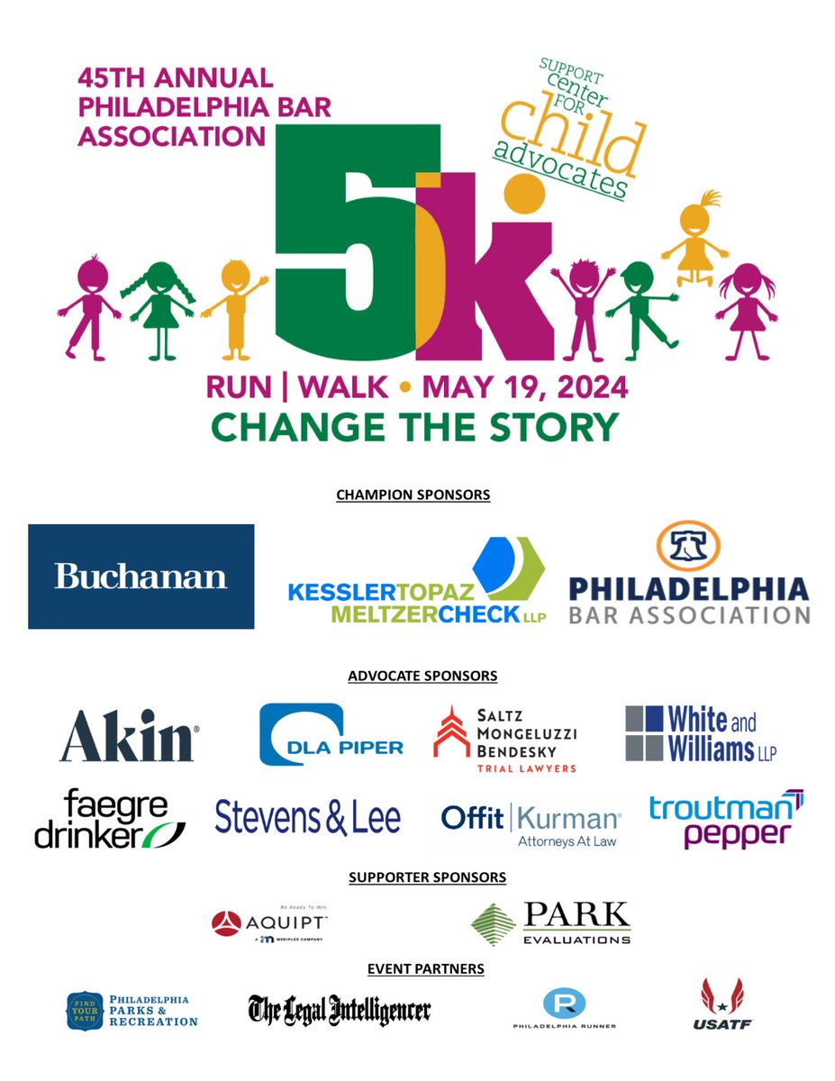 Thank you to these sponsors for their generous support of the 45th Annual Philadelphia Bar Association 5K Run/Walk! Registration for runners and walkers is now open and sponsorships are still available. Click the link in our profile to visit the race registration site for info!