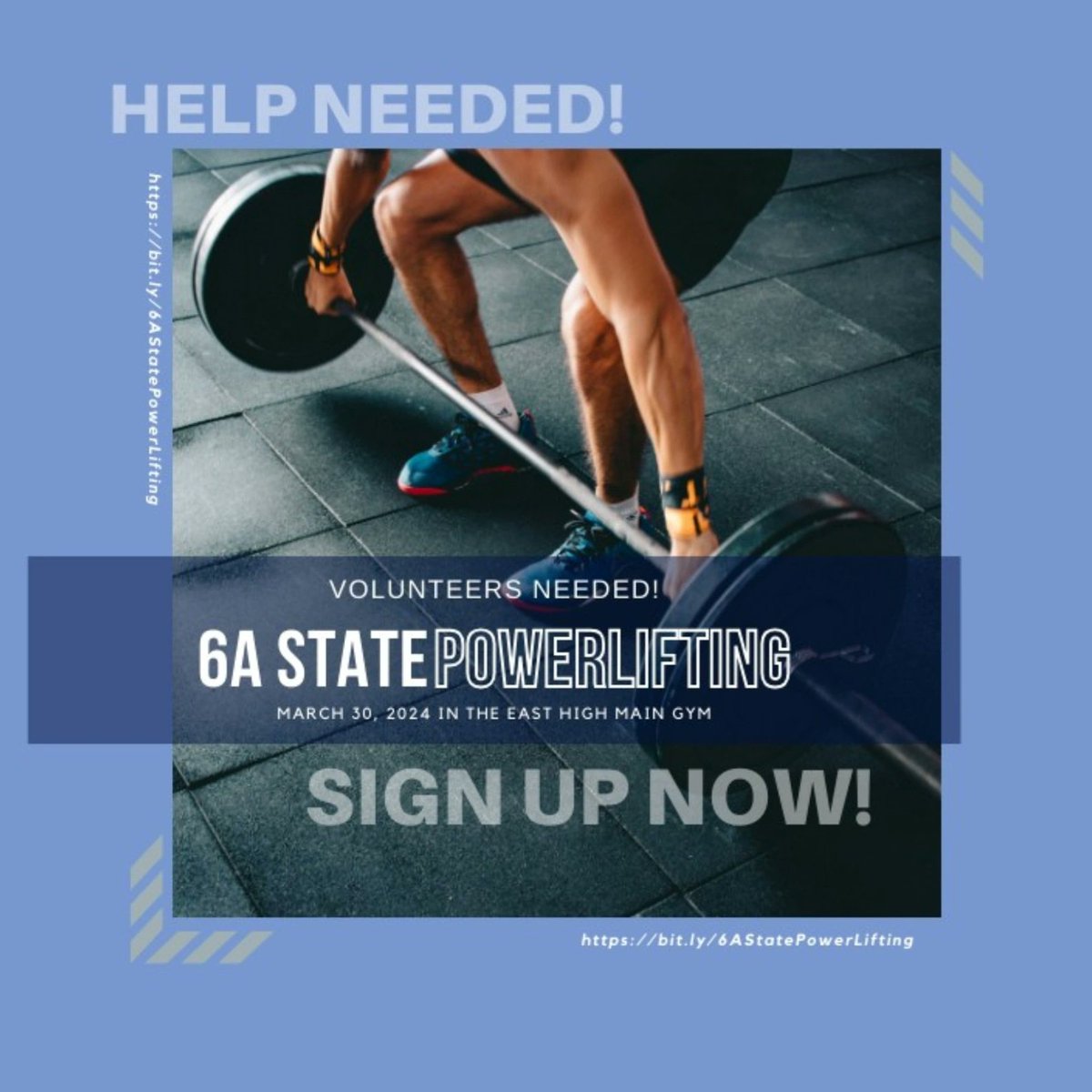 <a href="/BlueAceAD/">Wichita High School East Athletics & Activities</a> <a href="/EastHighAces/">East High Aces</a> <a href="/MrsBlueAce/">Sara Richardson</a> 🚨 1 MORE WEEK!!

We are still needing workers for our 6A State Powerlifting Meet on Sat. March 30th.  Still looking for 20 table workers and about 6 judges.  If you would like to help, click link to sign up: 

bit.ly/6AStatePowerli…