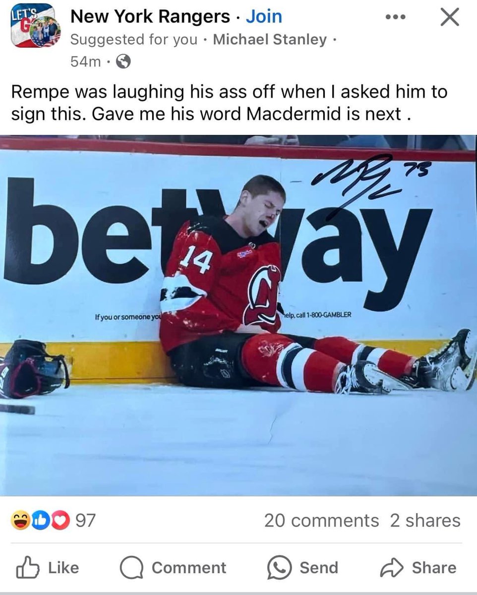 nhljackhughes's tweet photo. My friend saw this on Facebook today. 

Rempe is a fucking scumbag 

Imagine signing a photo of a player you injured that you aren’t even IN? https://t.co/4NJXWmKNNL