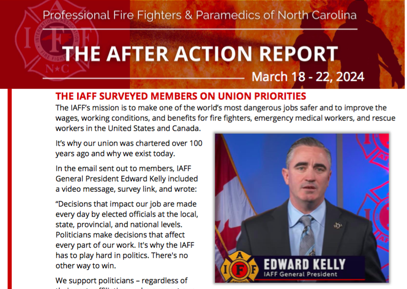 The PFFPNC e-newsletter for March 18-22 is now posted and includes a report on a recent survey the IAFF sent out to members about Union priorities. @IAFFofficial READ: pffpnc.org/newsletters/