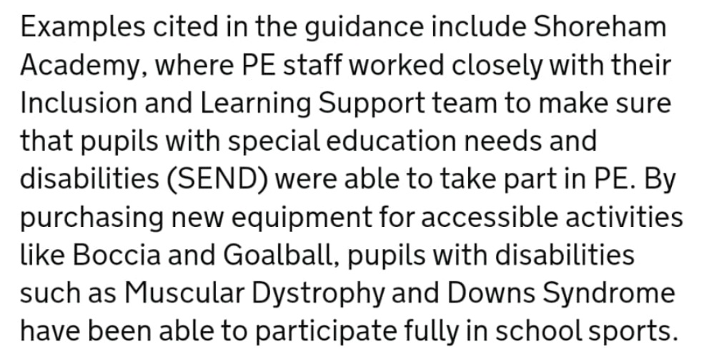 So proud that the @shorehamPE Team's amazing work, with our colleagues in the Inclusion and Learning Support Team, supporting SEND students to access PE, has been recognised in the @educationgovuk 'New PE Guidance for schools'. #EducationWithCharacter