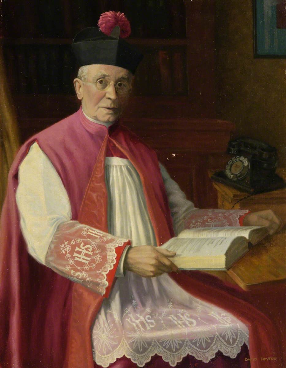 Wonder if this magnificent portrait of the Rt Rev Mgr Frederic Pirie, Vicar General of the Diocese of #Paisley, by my late father David Devine GSA, and currently stored at @blairsmuseum in Aberdeenshire, might make it to the new museum in Glasgow? artuk.org/discover/artwo…