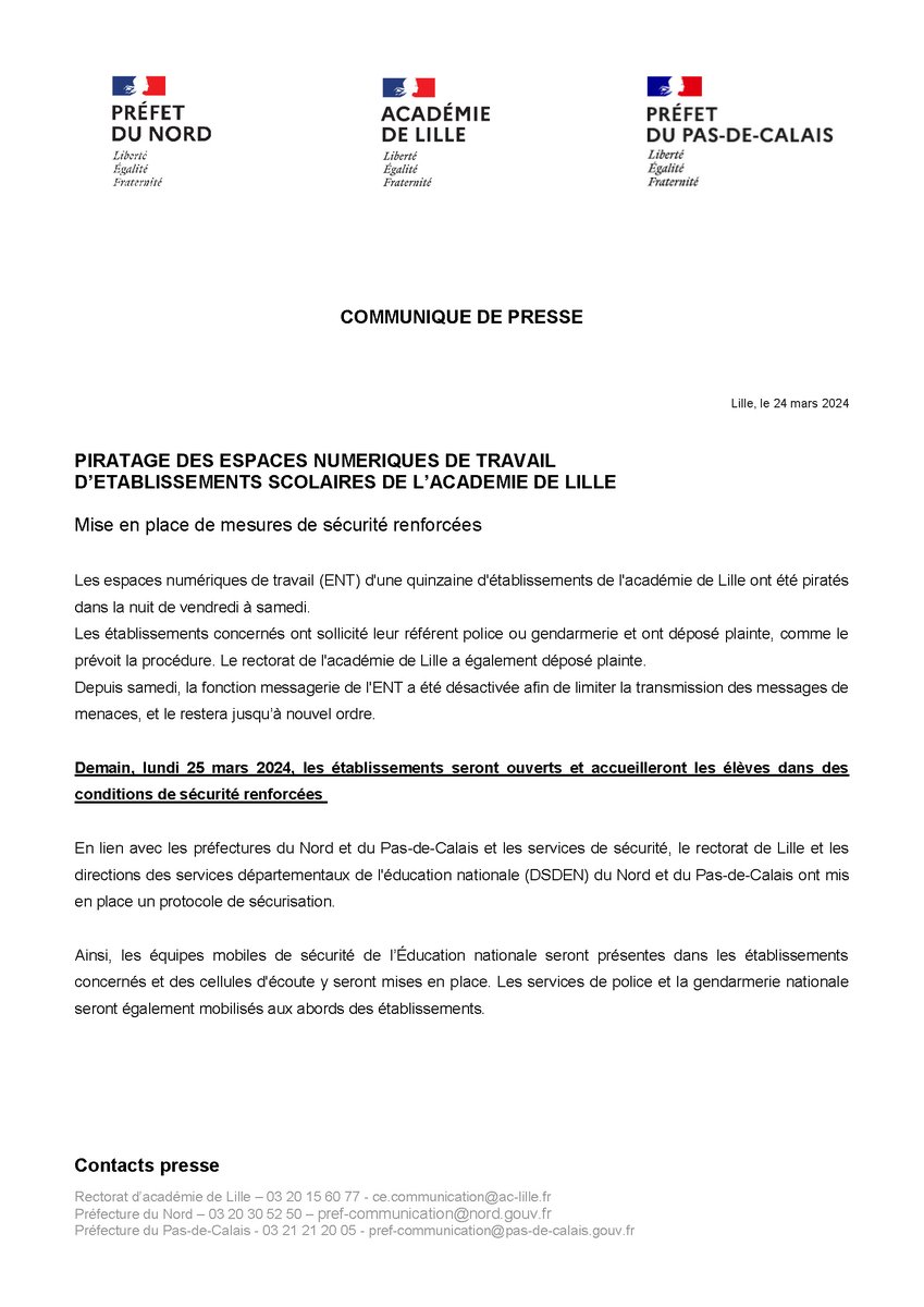 [Communiqué de presse] Piratage des espaces numériques de travail d'établissements scolaires de l’academie de Lille