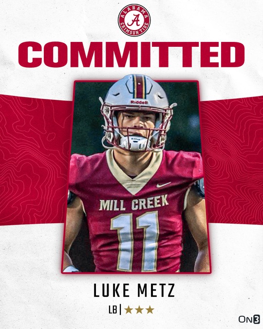 BREAKING: Alabama lands commitment from Georgia linebacker Luke Metz The 6-foot-3, 223-pound recruit commits to the Tide over LSU, Ole Miss, Michigan and OU. Metz goes in-depth on his decision 🗞️tinyurl.com/2mtbnxzs #RollTide