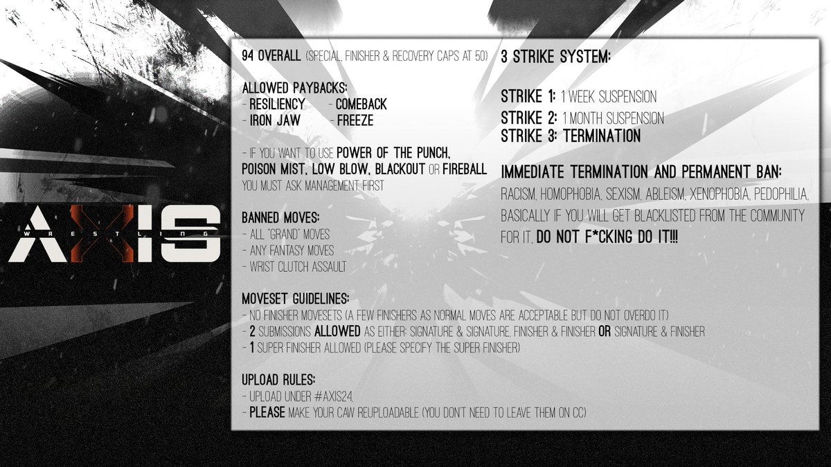 AxisWrestling2K's tweet photo. ⬛️⬜️ AXIS 2K24 RULES ⬜️⬛️

Please read and follow them, and if you have any questions don’t hesitate to DM us!

AXIS 2K24 APPLICATION LINK FOR THOSE WHO WANT TO JOIN AXIS: https://t.co/cUQ7P5ttXW https://t.co/maqkl2pI2Y