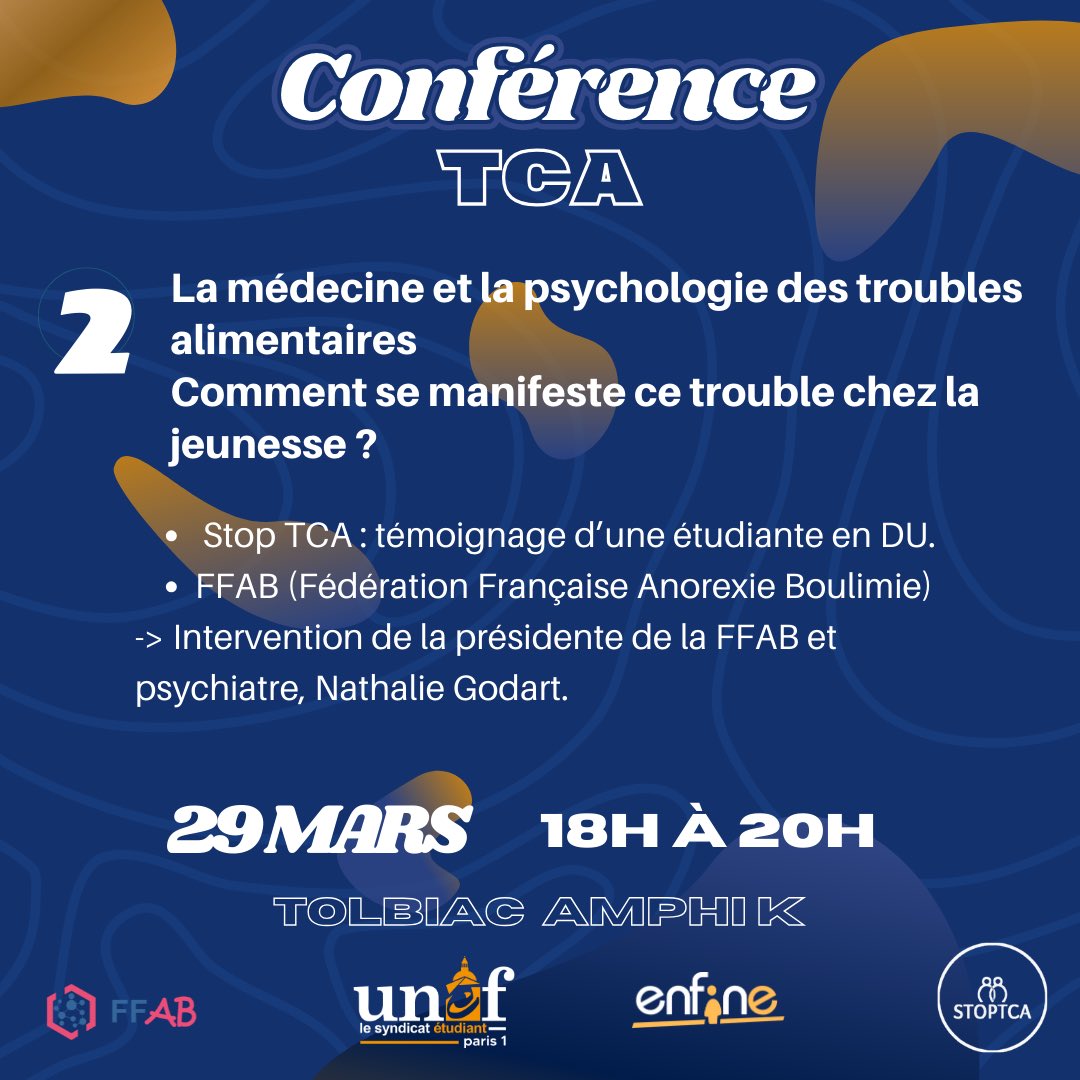 unef_p1's tweet photo. 🔵🧠 POUR UNE VRAIE PRISE EN COMPTE DE LA SANTÉ MENTALE DES ÉTUDIANT.E.S 🧠🔵

L'UNEF P1 organise sa grande conférence sur les TCA. C’est L'occasion d'aborder un sujet de santé dont on entend parler quotidiennement.

RENDEZ-VOUS VENDREDI 29 MARS À 18h À L'AMPHI K DE TOLBIAC 🔵🔵 https://t.co/Jt0WU8webB