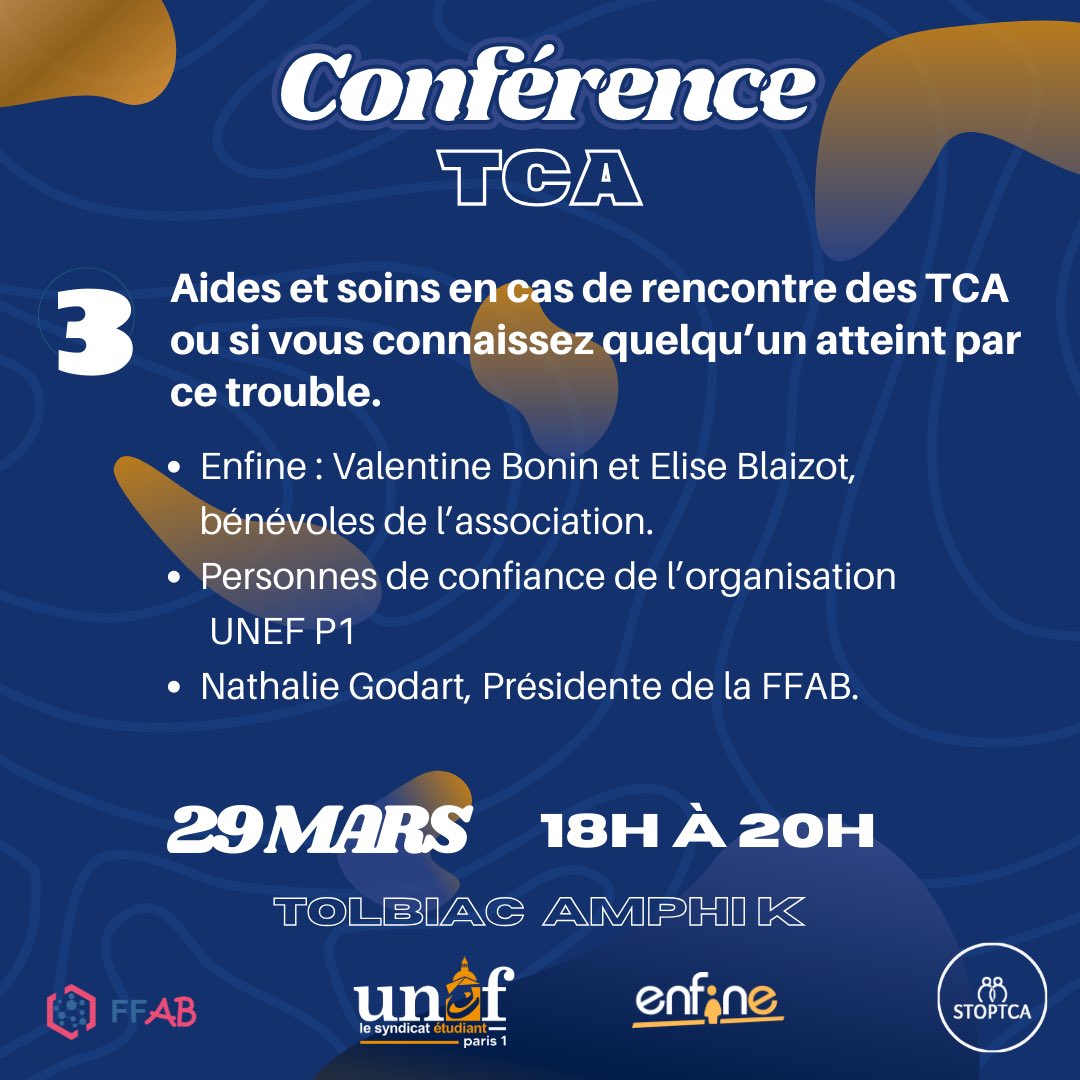 unef_p1's tweet photo. 🔵🧠 POUR UNE VRAIE PRISE EN COMPTE DE LA SANTÉ MENTALE DES ÉTUDIANT.E.S 🧠🔵

L'UNEF P1 organise sa grande conférence sur les TCA. C’est L'occasion d'aborder un sujet de santé dont on entend parler quotidiennement.

RENDEZ-VOUS VENDREDI 29 MARS À 18h À L'AMPHI K DE TOLBIAC 🔵🔵 https://t.co/Jt0WU8webB