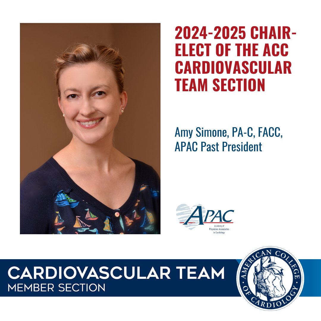 Congratulations to Past APAC President, @AmySimonePA on committing to serving as Chair-Elect 2024-2025, with a 3-year term (2024-2025) on the @ACCintouch Cardiovascular Team Section Leadership. Thank you for all you do to contribute to the success of PAs in Cardiology, Amy! 👏🏽