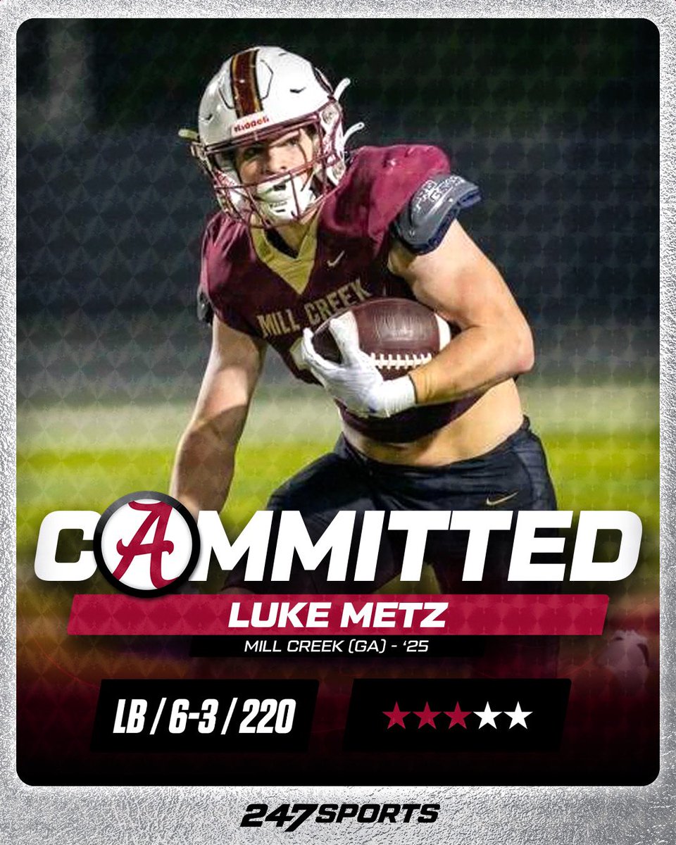 BREAKING: Peach State LB Luke Metz has committed to #Alabama Metz is the sixth addition to the 2025 class since March 2 Crimson Tide class now ranks No. 6 in the country ‘@KalenDeBoer @KaneWommack are a great fit for me … Ttown is amazing’ 🐘 bit.ly/3PwJOpu