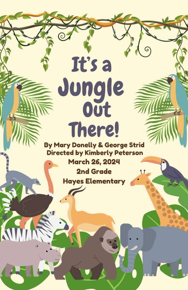 The stage is set for a heartwarming live performance of “It’s a Jungle Out There!” by our 2nd graders.  Join us Tuesday, March 26 at 6:00pm in the JHE gym.  #hayeshawks