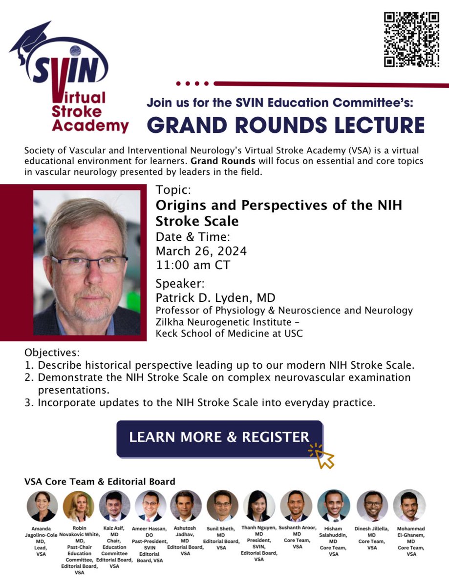 Don’t forget to sign up for the next @svinsociety Virtual Stroke Academy Grand Rounds with NIHSS expert Dr. Lyden on 3/26 11am CT! svin.org/i4a/pages/inde…