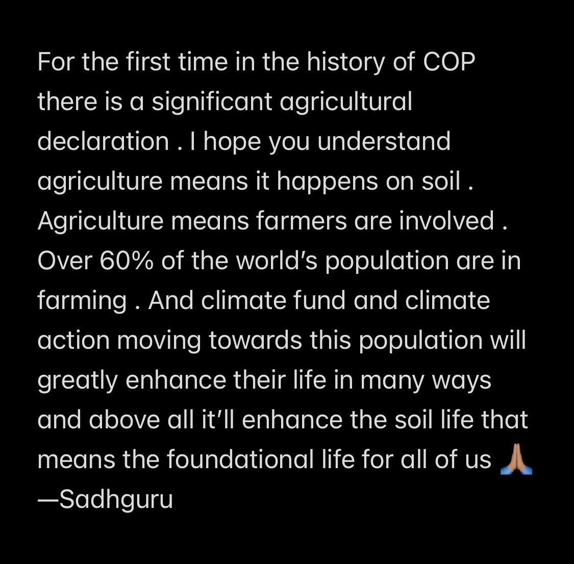 The birth of the historic #SaveSoil movement #JourneyForSoil in 2022 

Thanks to which today the narrative for #Soil has undergone a paradigm shift .. #Soil took center stage in #COP28 🙏🏽🙇🏼‍♀️🙏🏽🥳 

#SaveSoilFixClimateChange