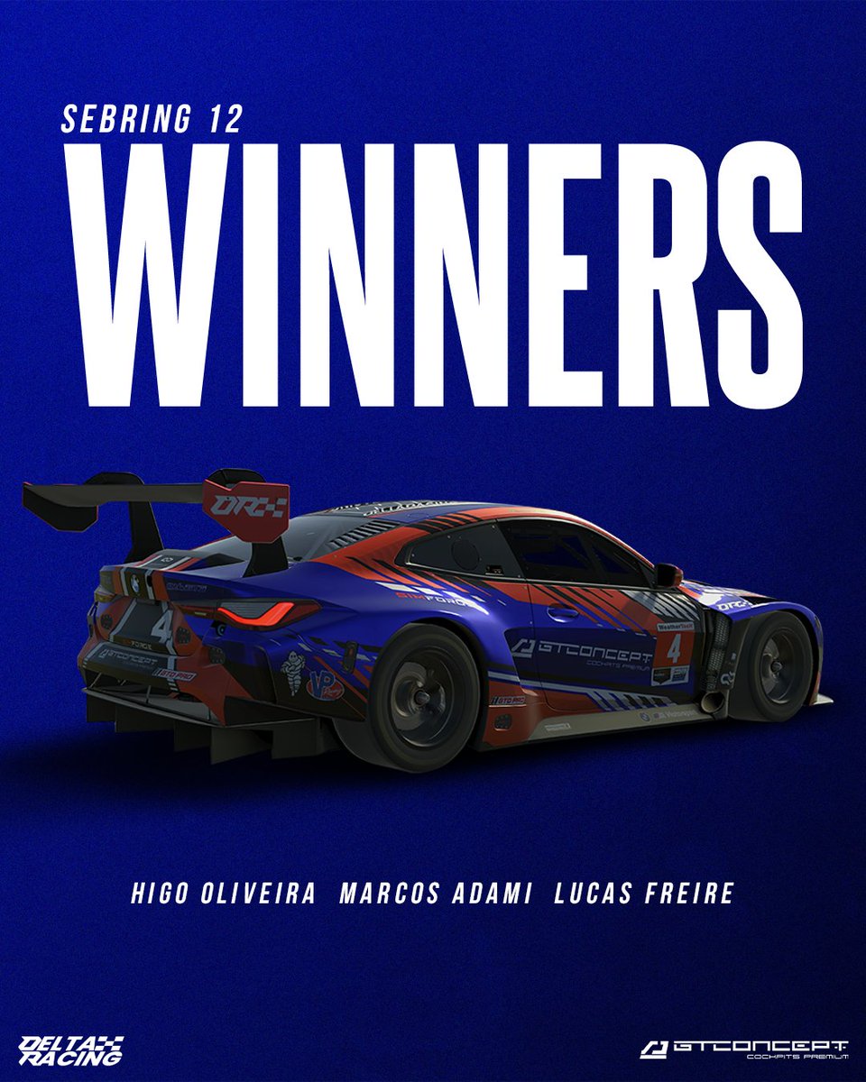 DeltaRacingbr's tweet image. SEBRING WINNERS!

They are on fire, another victory in iRacing's IMSA special event in the GTD category! Another GTD finished in P8.

In the GTP category, car #12 reached the Podium in P3.

In LMP2 #41 was in P6.

#GoDelta