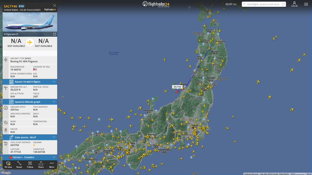 AIYeyENGDdJkjTr's tweet photo. Mar. 25, 2024
#Fairfield Travis Air Force Base #Anchorage Elmendorf Air Force Base #Misawa Air Base ==>
#SALTY46 / #NoCALLSIGN / #RCH459 #AE5750 USAF KC-46A Pegasus https://t.co/Vx95VeF3TJ