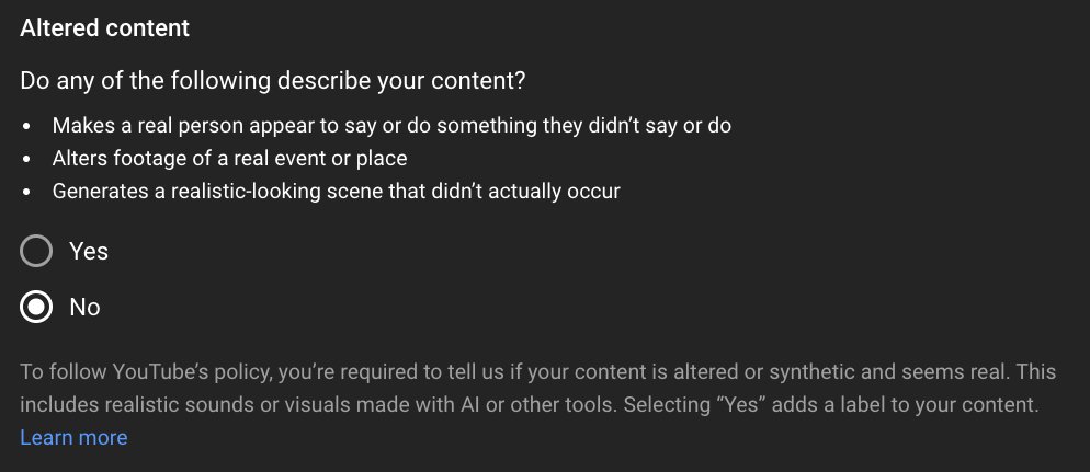 ⚠️ It's happening... YouTube now asks you to disclose if your content contains generative AI. In a world where the lines between the real & unreal continue to blur, platforms will be on the hook to maintain user trust, while balancing creative expression. Disclosures may soon