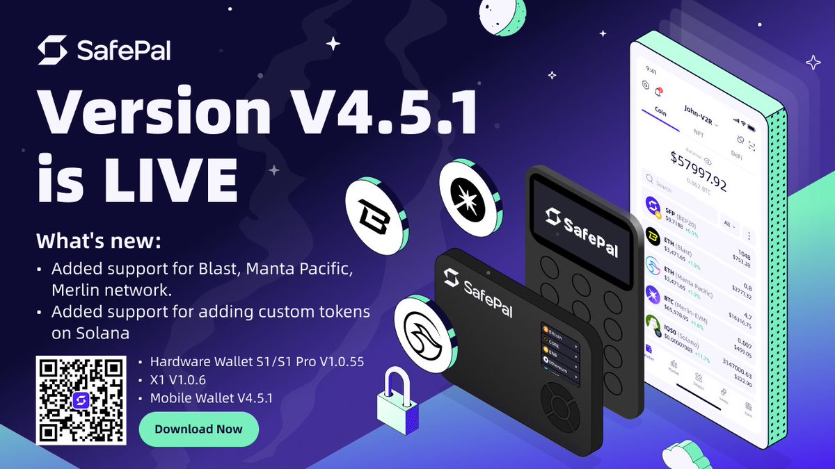 New Version 4.5.1 @iSafePal Software Wallet App is LIVE🥳 🔷Added support  for @Blast_L2 ,@MantaNetwork, and @MerlinLayer2 🔷Added support for adding  custom tokens on @solana 📱Upgrade your @iSafePal Wallets Today  https://t.co/MyahnvHoLl