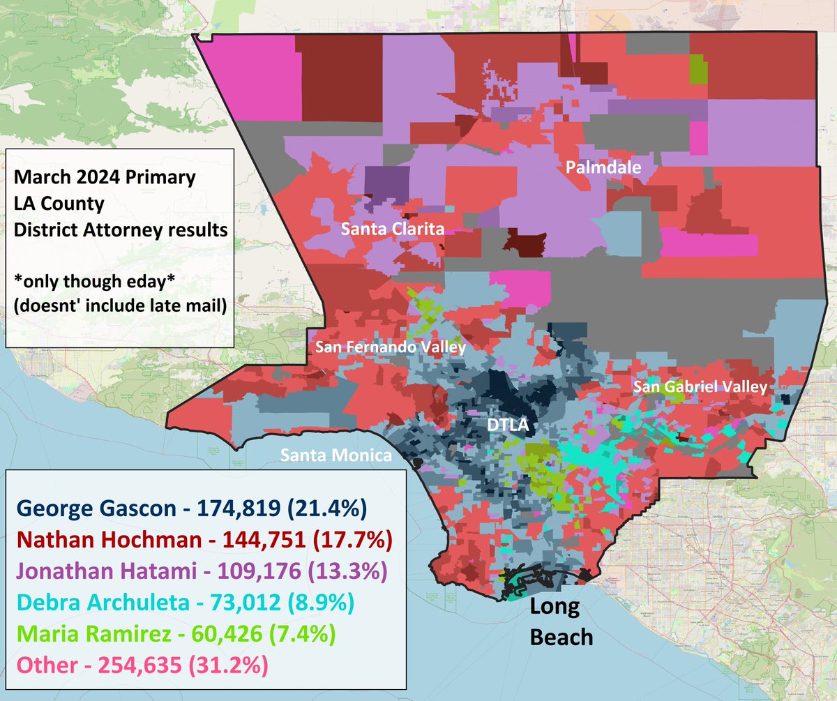Probably the most colorful map I've made: the LA County DA primary results DA Gascon finished first, but former Rep Hochman wasn't far behind This is a very familiar map in LA -- Gascon rocked the progressive white vote and black vote which elected Mayor Karen Bass in 2022