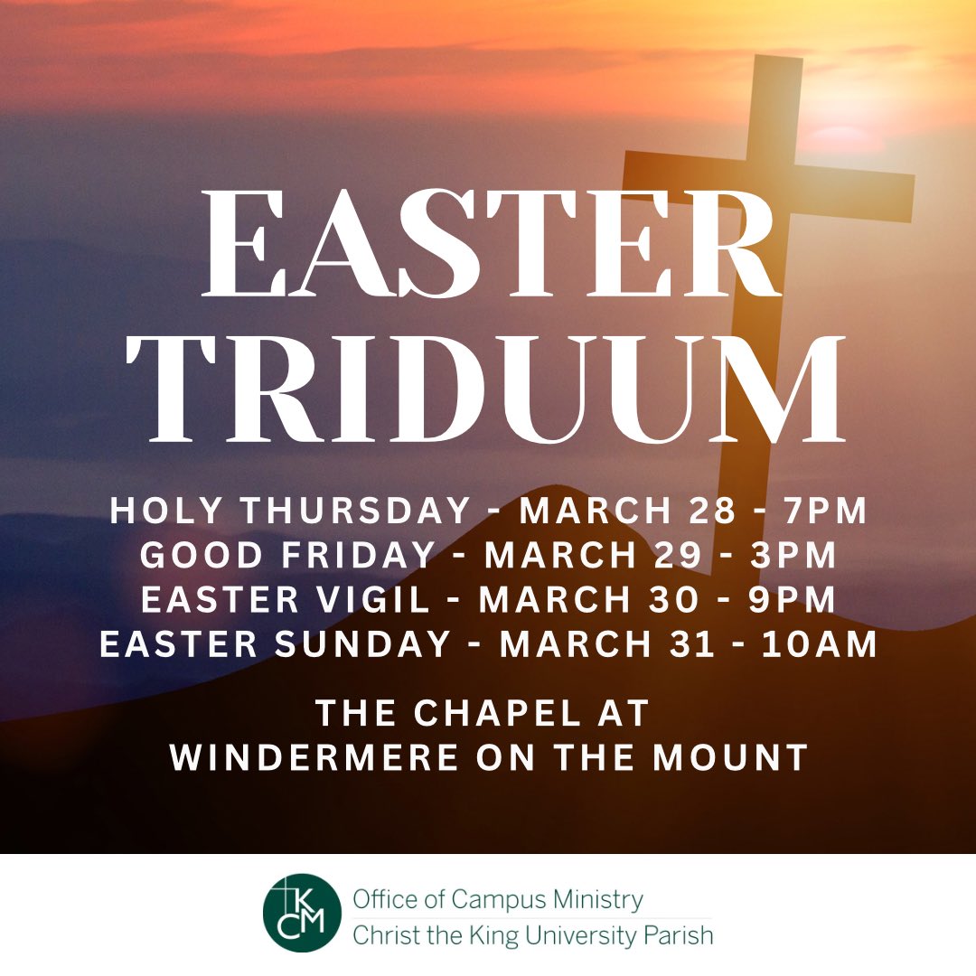 ✝️ Join us as we celebrate the EASTER TRIDUUM. Schedule: HOLY THURSDAY March 28 @ 7pm GOOD FRIDAY March 29 @ 3pm EASTER VIGIL March 30 @ 9pm EASTER SUNDAY March 31 @ 10am 📍 The Chapel @ Windermere on the Mount (1486 Richmond St) @kingsatwestern @DOL_ca @WesternNewman