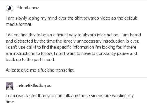 Cora Harrington on X: The bit about reading faster than people can talk  hits home for me. Listening to video (or audiobooks or podcasts) is like  processing information in slow motion. Also