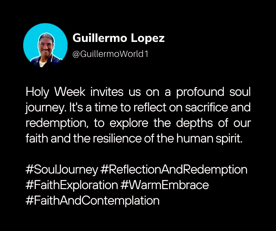 Holy Week invites us on a profound soul journey. It’s a time to reflect on sacrifice and redemption, to explore the depths of our faith and the resilience of the human spirit. 

#SoulJourney #ReflectionAndRedemption #FaithExploration #WarmEmbrace #FaithAndContemplation