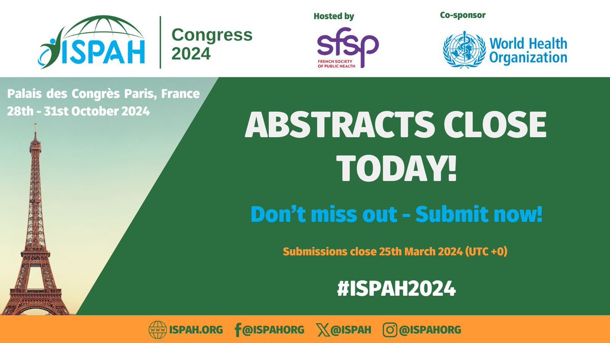 ⏰ Last Call! Abstract submissions for #ISPAH2024 close today!

🇫🇷 Join us in Paris! 🔗 buff.ly/3QQzzfw

@SFSPasso @WHO 
#physicalactivity #activitéphysique