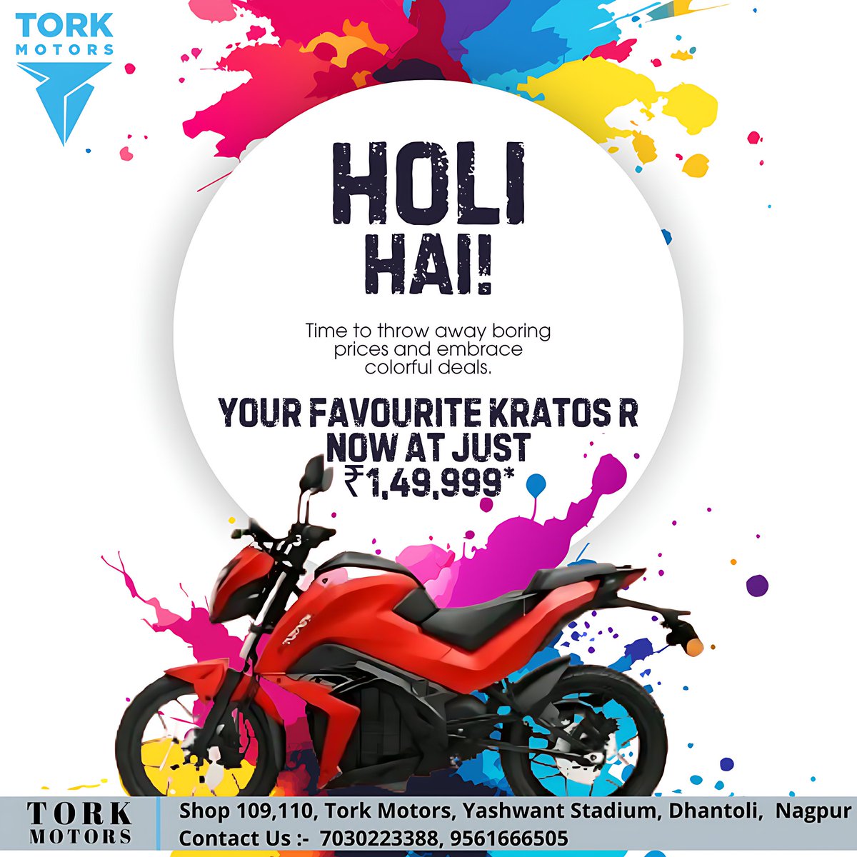 Celebrate Holi with eco-friendly rides and leave behind pollution worries. Plus, get exclusive discounts on your purchase now!. #HappyHoli #TorkMotors