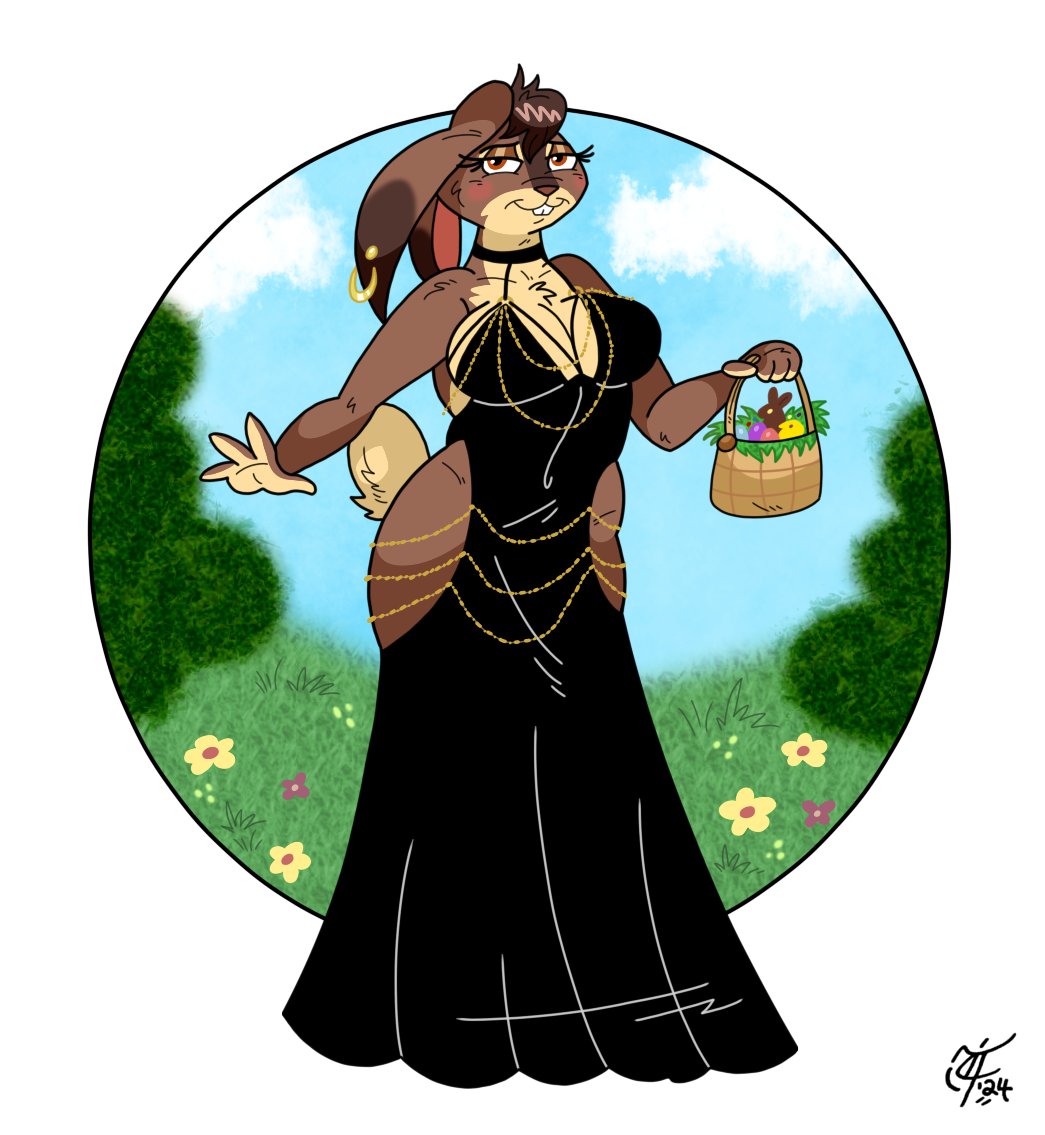 With Easter right around the corner, I figured Esther Bonet could rock this one trending dress for the bunny trail 🐰👗🥚💐🖤😉 #EstherBonet #bunnylady #dressmeme #easterbunny #easterbasket #anthrofurry #curvaceous #ocart #ravishingrabbit #springtime #hmmwabbet #Easter2024