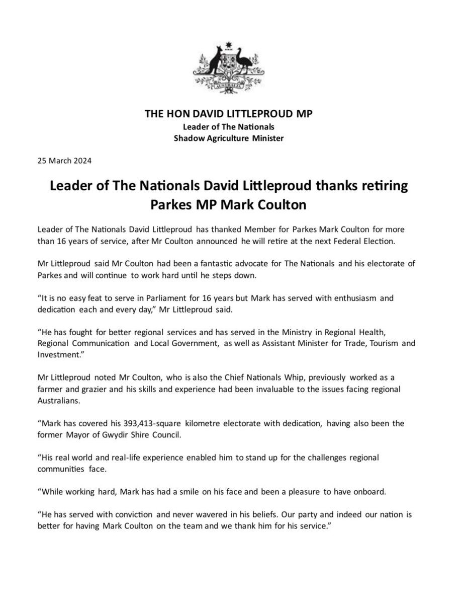 Mark Coulton has served with conviction and never wavered in his beliefs. Our party and indeed our nation is better for having him and we thank Mark for his service.