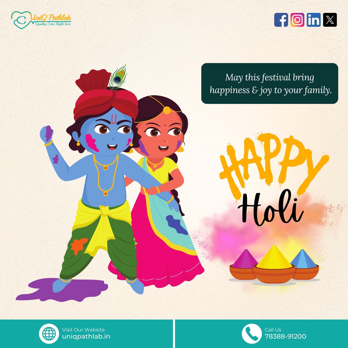uniqpathlab's tweet image. UniQ Pathlab wishes you a vibrant and joyous Holi! May the colors of this festival fill your life with happiness and harmony...

#UniQPathlab #UniQ #Pathlabs #HappyHoli #HoliLove #FestivalofColor #BeUniQ #Behealthy