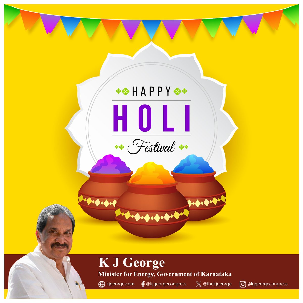 thekjgeorge's tweet photo. As we immerse ourselves in the spirit of this festival of colours, let us remember to stay eco-friendly and enjoy! Let's spread happiness while preserving our environment. Remember to use organic colours that cause no harm to skin, and can be easily cleaned. Please use water with great care and concern. #HappyHoli to each one of you!