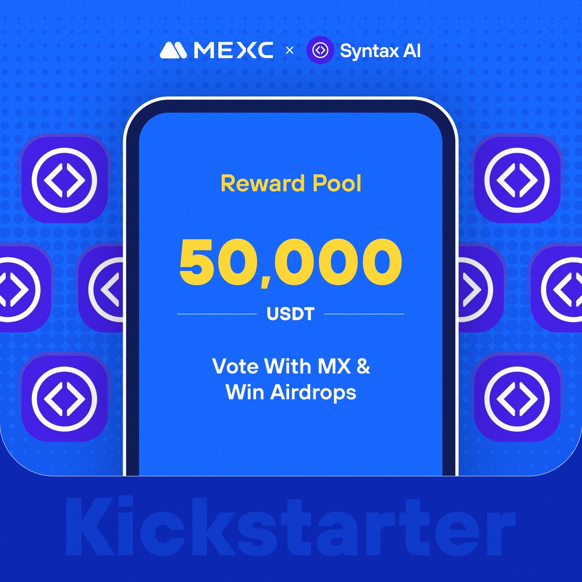 MEXC_Official's tweet image. .@SyntaxErc, a comprehensive ecosystem focused on AI-driven development, is coming to #MEXCKickstarter 🚀 

🗳Vote with $MX to share massive airdrops
📈 $XSYNTX/USDT Trading: 2024-03-26 04:00 (UTC)

Details: mexc.com/support/articl…