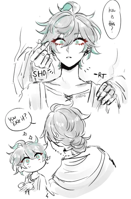 i was unsure abt posting 🏳️‍⚧️🌱 rambles here too but seeing how hes well received i can offer an old ramble of mine. 

my tmblr followers know me but yea for the unaware its a hc thats v dear to me and draw all the time idk. 