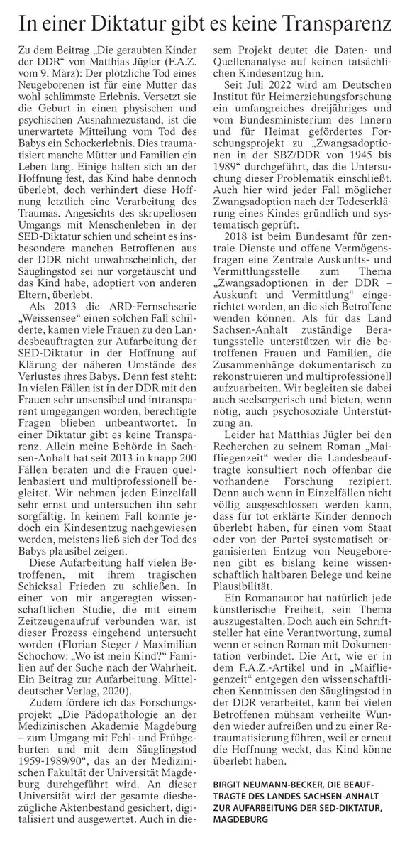 1/ Heute steht in der FAZ ein wichtiger Leserbrief von Birgit Neumann-Becker: sie beschreibt exakt den Forschungsstand, der seit vielen Jahren bekannt ist und an dem sich seit Jahrzehnten trotz immer neuer Forschungen nichts änderte. Ich halte es auch für sehr problematisch, das