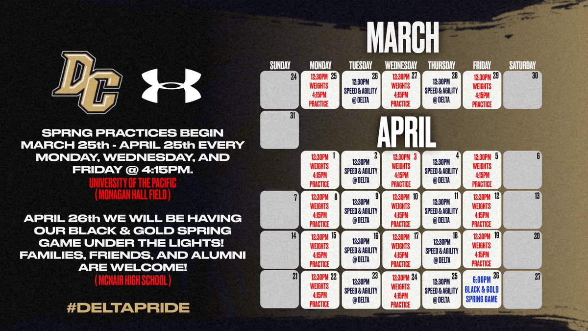 WE’RE BACK‼️

Spring Football 🚨
March 25th-April 25th

Black & Gold Spring Game ⚫️🟡
Friday April 26th

#DeltaPride #TheDeltaWay 🐴