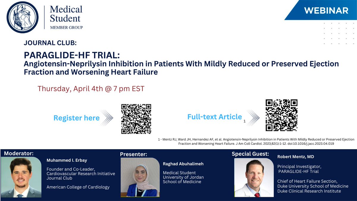 Hey #ACCMedStudent !
Save the date for April 4th @7pm EST for PARAGLIDE-HF Trial #journalclub session! 🗒️
Question of this trial: 🧐
Are ARNI's safe to initiate and effective in EF >%40 after worsening Heart Failure? 

Registration: forms.gle/szmTJpVp7QmgmK…