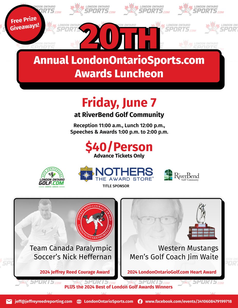 Don't miss out: tickets for 20th anniversary LondonOntarioSports.com LondonOntarioGolf.com awards banquet going fast, June 7 at RiverBend GC, $40/person, Nothers the Award Store title sponsor, details londonontariosports.com/community/even…