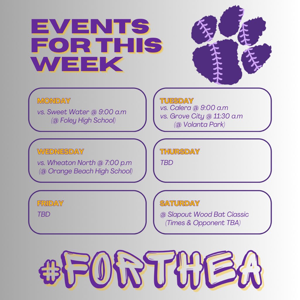 Nothing better than Spring Break Baseball!!! Here is this weeks schedule for the Purple Cats!!! #ForTheA #HardWorkPaysOff