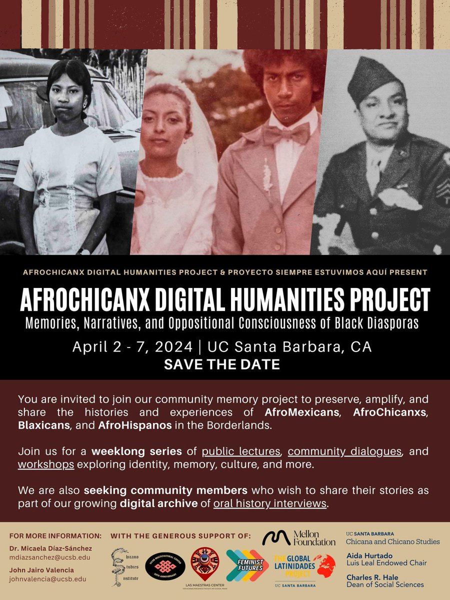 Our team is heading to SB, CA. Come to our public events and sign up for oral history interviews: bit.ly/afrochicanxSB