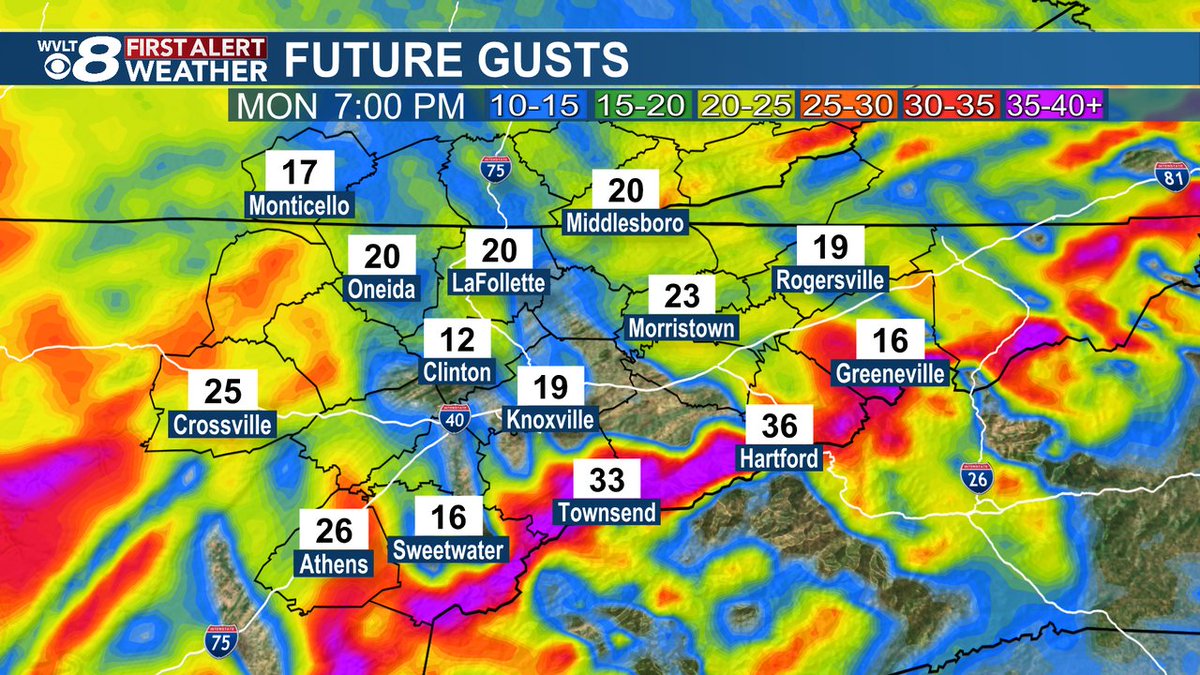 JacobDurhamWX's tweet image. We're staying dry for Monday, but winds will pick up through the afternoon and evening. Expect gust close to 30 mph at times in the valley with higher gust in the higher elevations. We're tracking when rain returns tonight on WVLT News at 11. #wvltfirstalert #tnwx #wvltwx