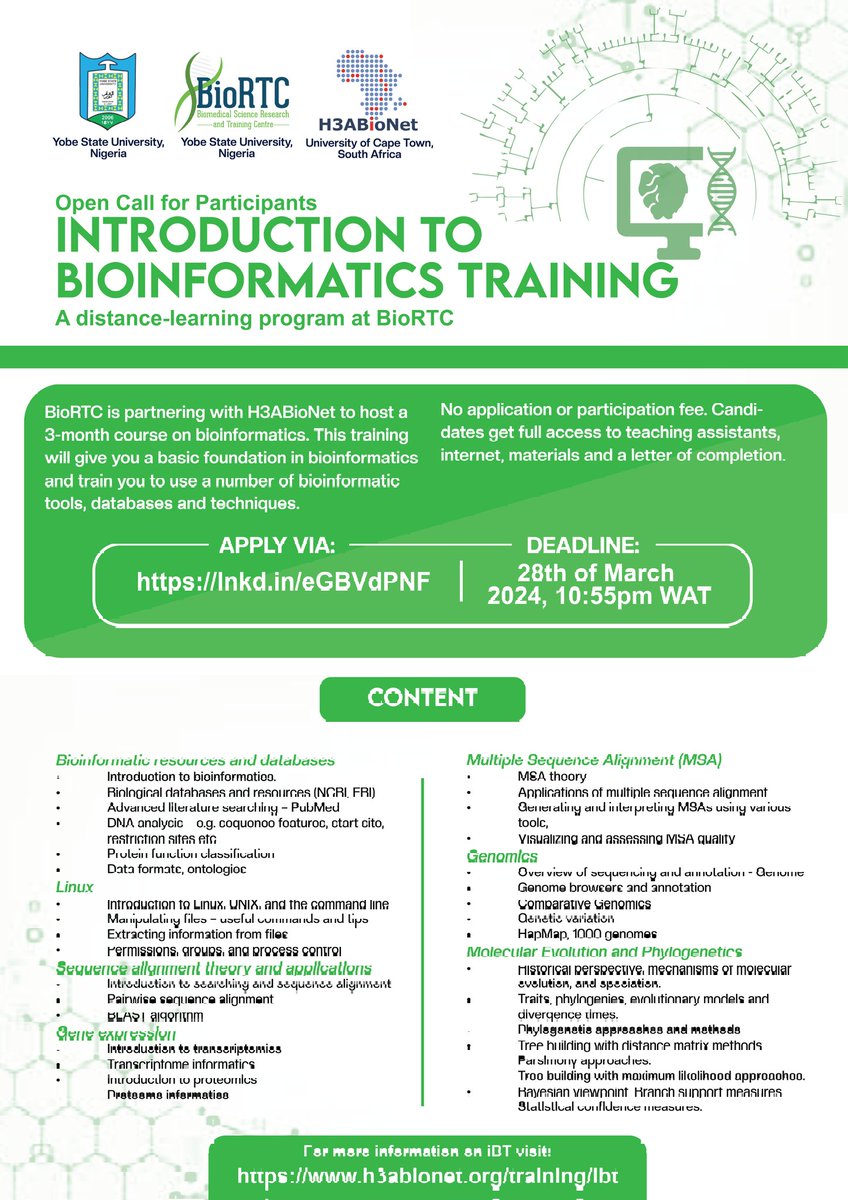 Excited to announce a distance-based "Introduction to #Bioinformatics Training" in partnership with <a href="/H3ABioNet/">H3ABioNet</a>. This free 3-month program is designed for #Nigerian scientists eager to develop expertise in bioinformatics. 👉 Learn more &amp; apply: mailchi.mp/bfbe11979d00/c…