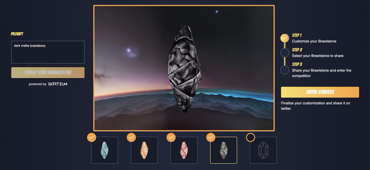 brawlailayer's tweet photo. We have rewarded over 200+ partnered communities with Crafting Passes, allowing selected community members to craft their unique Brawlstones using their custom AI prompts, powered by @Sortium.

After finalizing their Brawlstone, users need to post it on Twitter using the hashtag #Brawlstone to enter a special contest for a chance to win a free whitelist spot.

The creativity of the prompt, the aesthetics of the Brawlstone, and the engagement on their tweet determine their odds of being selected.