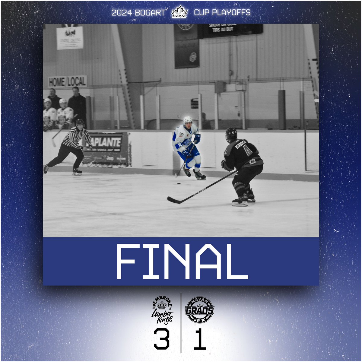 🚨FINAL SCORE🚨 Pembroke wins 3-1 over the Navan Grads today in Game #3 of the series Colin MacDougall scored the lone goal for the Grads on a penalty shot. Back to work tomorrow. Game #4 is Wednesday in Pembroke. Navan leads the series 2-1 #Playoffs