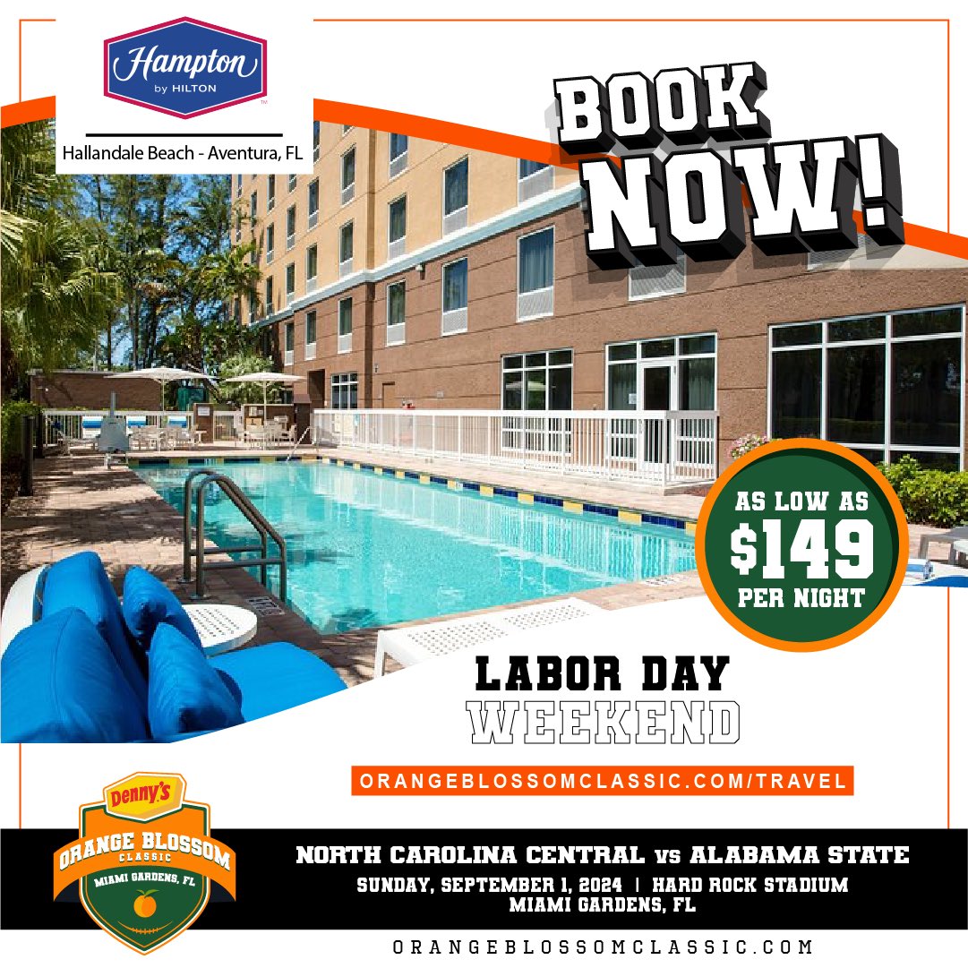 Start booking your hotels for the 2024 Denny’s Orange Blossom Classic. More hotel options can be found on our website OrangeBlossomClassic.com/travel, so make sure you take action today. #OBC2024 #OneBigHBCUCommunity #HBCUReunionExperience #HBCUpride #orangeblossomclassic #HBCUculture