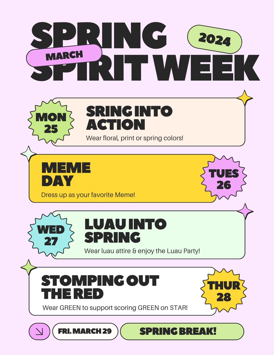 Get ready to bloom with excitement during our Spring Spirit Week! 🌸 Join us for a week filled with fun themes, vibrant colors, and lots of school spirit. Let's celebrate the season together and spread joy throughout our community! #SpringSpiritWeek #saintssoar #TeamOne #OneTeam