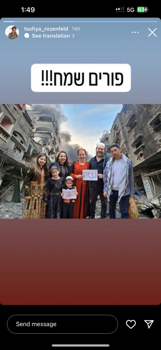 propvstruth's tweet photo. For “Purim” settlers decided to dress up as Palestinians and mock Gaza. 

Picture 1: Settler family wears traditional Palestinian clothing and photoshops herself in Gaza’s ruin. Because experiencing a genocide is a costume. 

Picture 2: A girl wears a kufiyyeh, draws an injury on her eye and lips, and writes Gaza on her forehead. 

Video 3: Settler youth are dancing  with Palestinian kufiyyehs and guns. 

All 3 have a genocidal song about Gaza playing - in which of course Palestinians are Amalek.