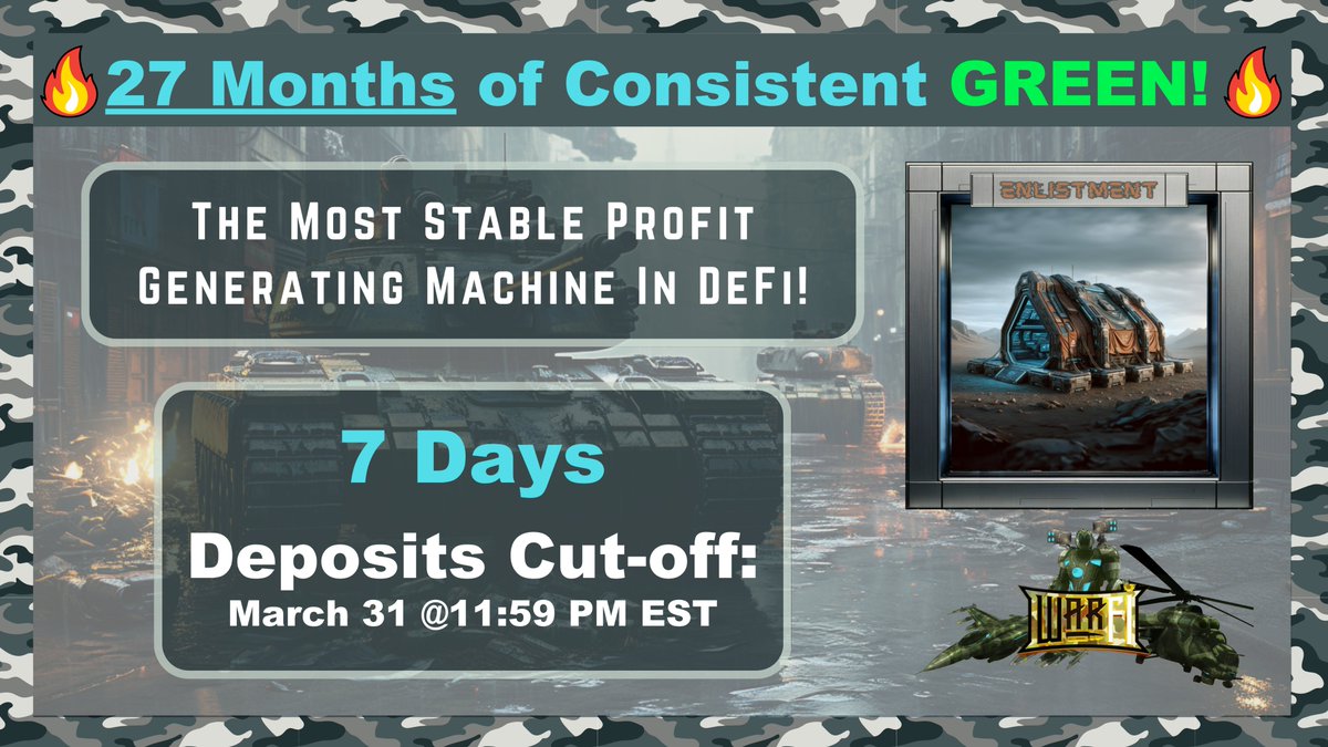 7 DAYS! It's that time again - get your deposits in for next month's gains! This month is GREEN once again for 28 months straight consistent profits! Crypto is pumping & this is your chance for some serious wealth building in 2024! warfi-tradingbots.com #BTC #Crypto #profits