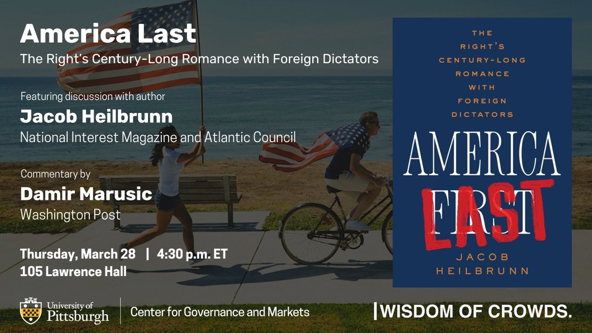 🚨This week at CGM🚨 @JacobHeilbrunn (@TheNatlInterest) will discuss his new book, America Last, with @dmarusic (@washingtonpost). In partnership with @WCrowdsLive. 📅 Thursday, March 28 ⏰4:30 pm ET 🏨 105 Lawrence Hall