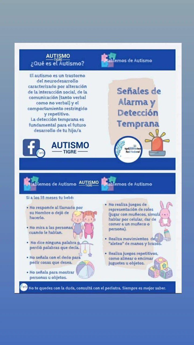 Señales de Alerta ⚠️

Una guía para saber si tu hijo tiene #Autismo .
Ante cualquier duda, no dejes de consultar a tus médicos de cabecera.

#HablemosDeAutismo